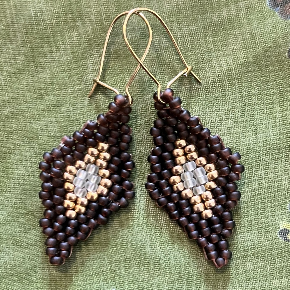 HAND CRAFTED BOHEMIAN BEADED EARRINGS *BROWN & GOLD GLASS BEADS *LIGHTWEIGHT - Picture 2 of 10